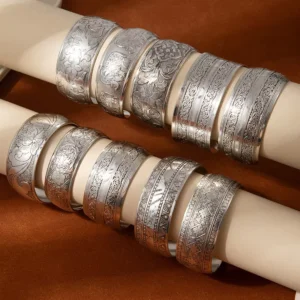 RENSINO YL Retro Ethnic Style Imitation Miao Silver Cuff Bracelet Animal Carved Patterns Wide Band Handmade Alloy Electroplated Women’s
