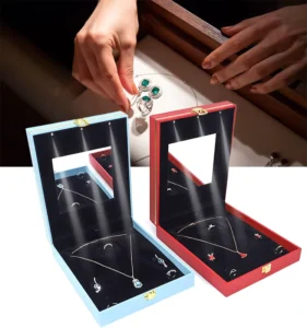 RENSINO YUANQI New Flip PU Snap Button LED Spotlight Necklace Ring Earring Jewelry Set With Mirror Jewelry Box