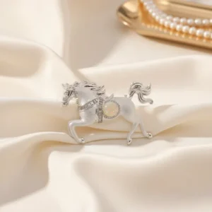RENSINO Year of Horse Mascot Natural Opal Rigato Silver Pony Brooches Pin for Women Men Lucky Blessing Multi use Fine Jewelry