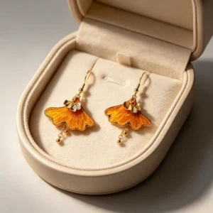 RENSINO Yellow Ginkgo Leaf Earrings Hand Embroidered Mulberry Silk 925 Sterling Silver & Zircon Bohemian Ethnic Jewelry