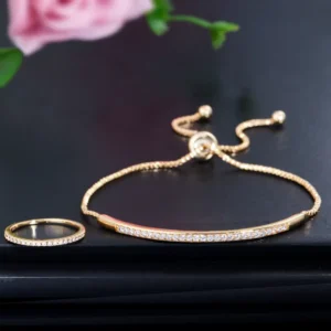 RENSINO Yellow Gold Plated CZ Fashion Jewelry Set Adjustable Bracelet Ring Jewelry Set for Women Ladies Daily Wear Party Luxury Gift