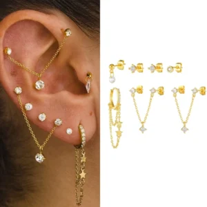 RENSINO ZUOLA Custom 925 Silver Needle Jewelry Set for Women Gold Plated Tassel Zircon Thread Hoop Earrings with Star Pendant Chain