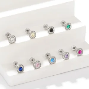 RENSINO ZUOLA Piercing Titanium Silver Plated Studs Labret Earring Square CZ Body Jewelry Helix Flat Back Piercing Daily Wear