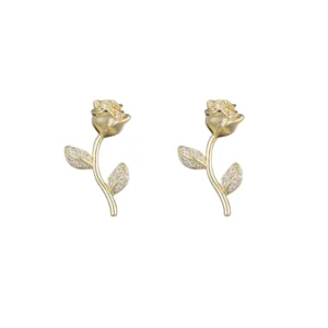 RENSINO ZUOLA Trendy 925 Silver Pole Romantic Rose Design Zircon Earrings Perfect Gift for Women Stud Earrings