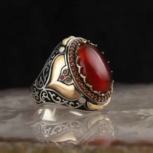 RENSINO ZhuQian Alloy Silver Plated Red Oval Crystal Turkish Signet Two Tone Men’s Vintage Wide Ring Party Classic Jewelry