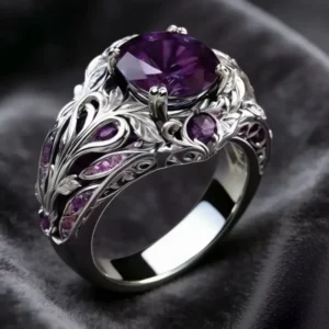 RENSINO ZhuQian Vintage Carving Gorgeous Rings for Mens Women Mysterious Purple Zircon Hollow Out Party Exquisite Jewelry