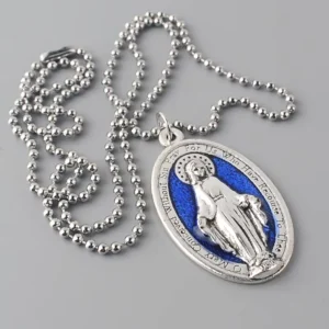 RENSINO Zinc Alloy Ball Rosaries Virgin Mary with Blue Enamel Pendant and Zinc Alloy Chain Necklace for Anniversary