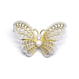 RENSINO Zircon Brooch Luxury Women 925 Sterling Silver Gold Plated Pearl butterfly Brooch