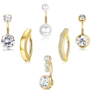 RENSINO Zircon Inlaid Pearl Navel Rings Ready Stock Sets Stainless Steel Unisex Belly Buttons