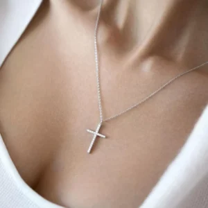 RENSINO Zircon Women’s Link Chain Necklace 925 Sterling Silver 18K Gold Rhodium Religion Cross Pendant for Wedding Engagement Gift Party