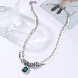 RENSINO Zirconia Double Layer Necklace Autumn Winter Sweater Jumper Chain Stainless Steel Silver Collarbone Chain