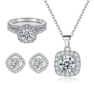 RENSINO square Round CZ Engagement Ring Set Earrings Necklace Shinny Zircon White Gold Plating 925 Silver Jewelry Set